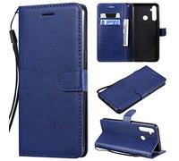 SATURCASE Coque pour Realme 5, Classique PU Cuir Magnétique Flip Portefeuille Support Porte-Carte Protecteur Housse Étui avec Dragonne pour Realme 5 (XD-Bleu)
