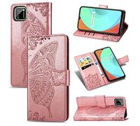 SATURCASE Coque pour Realme C11, Papillon Fleur PU Cuir Magnétique Flip Portefeuille Support Porte-Carte Protecteur Dragonne Housse Étui pour Realme C11 (HF-Or Rose)