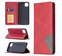 SATURCASE Coque pour Realme C11, Rhombe PU Cuir Flip Aimant intégré Portefeuille Support Porte-Carte Protecteur Housse Étui pour Realme C11 (LX-Rouge)