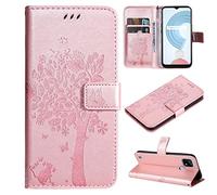 SATURCASE Coque pour Realme C21Y, Arbre à Chat PU Cuir Magnétique Flip Portefeuille Support Porte-Carte Protecteur Housse Étui avec Dragonne pour Realme C21Y (MS-Or Rose)