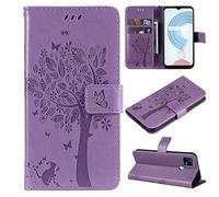 SATURCASE Coque pour Realme C21Y, Arbre à Chat PU Cuir Magnétique Flip Portefeuille Support Porte-Carte Protecteur Housse Étui avec Dragonne pour Realme C21Y (MS-Lavande)