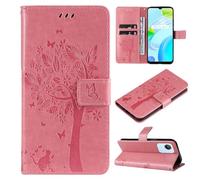 SATURCASE Coque pour Realme C30 4G, motif arbre à chat en cuir PU à rabat magnétique, support et emplacements pour cartes, housse de protection avec dragonne pour Realme C30 4G (MS-Rose)
