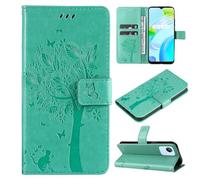 SATURCASE Coque pour Realme C30 4G, motif arbre à chat en cuir PU à rabat magnétique, support et emplacements pour cartes, housse de protection avec dragonne pour Realme C30 4G (MS-vert)