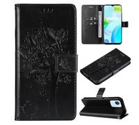 SATURCASE Coque pour Realme C30 4G, motif arbre à chat en cuir PU, rabat, support, emplacements pour cartes, housse de protection avec dragonne pour Realme C30 4G (MS-Noir)