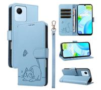 SATURCASE Coque pour Realme C30 / Narzo 50i Prime, Chat Mignon PU Cuir Magnétique Flip Portefeuille Support Porte-Carte Dragonne Protecteur Housse Étui pour Realme C30 / Narzo 50i Prime (ZC-Bleu)