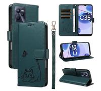 SATURCASE Coque pour Realme C35 / Narzo 50A Prime, Chat Mignon PU Cuir Magnétique Flip Portefeuille Support Porte-Carte Dragonne Protecteur Housse Étui pour Realme C35 / Narzo 50A Prime (ZC-Vert foncé