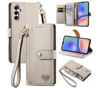 SATURCASE Coque pour Samsung Galaxy A05S, Heart PU Cuir Flip Portefeuille Poche Double Boucle Magnétique Fermeture éclair Support Porte-carte Cordon Protecteur Housse Étui pour Samsung Galaxy A05S (AX