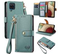 SATURCASE Coque pour Samsung Galaxy A12, Heart PU Cuir Flip Portefeuille Poche Double Boucle Magnétique Fermeture éclair Support Porte-carte Cordon Protecteur Housse Étui pour Samsung Galaxy A12 (AX-V