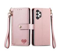 SATURCASE Coque pour Samsung Galaxy A13 4G, Heart PU Cuir Flip Portefeuille Poche Double Boucle Magnétique Fermeture éclair Support Porte-carte Cordon Protecteur Housse Étui pour Samsung Galaxy A13 4G