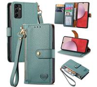 SATURCASE Coque pour Samsung Galaxy A14, Heart PU Cuir Flip Portefeuille Poche Double Boucle Magnétique Fermeture éclair Support Porte-carte Cordon Protecteur Housse Étui pour Samsung Galaxy A14 (AX-V