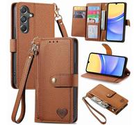 SATURCASE Coque pour Samsung Galaxy A15, Heart PU Cuir Flip Portefeuille Poche Double Boucle Magnétique Fermeture éclair Support Porte-carte Cordon Protecteur Housse Étui pour Samsung Galaxy A15 (AX-M