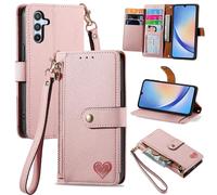 SATURCASE Coque pour Samsung Galaxy A34 5G, Heart PU Cuir Flip Portefeuille Poche Double Boucle Magnétique Fermeture éclair Support Porte-carte Cordon Protecteur Housse Étui pour Samsung Galaxy A34 5G