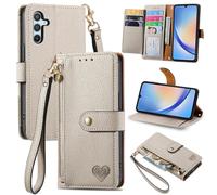 SATURCASE Coque pour Samsung Galaxy A34 5G, Heart PU Cuir Flip Portefeuille Poche Double Boucle Magnétique Fermeture éclair Support Porte-carte Cordon Protecteur Housse Étui pour Samsung Galaxy A34 5G