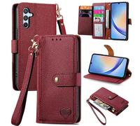SATURCASE Coque pour Samsung Galaxy A34 5G, Heart PU Cuir Flip Portefeuille Poche Double Boucle Magnétique Fermeture éclair Support Porte-carte Cordon Protecteur Housse Étui pour Samsung Galaxy A34 5G