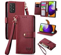 SATURCASE Coque pour Samsung Galaxy A52 A52S 5G, Heart PU Cuir Flip Portefeuille Poche Double Boucle Magnétique Fermeture éclair Support Porte-carte Cordon Protecteur Housse Étui pour Samsung Galaxy A