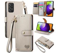 SATURCASE Coque pour Samsung Galaxy A52 A52S 5G, Heart PU Cuir Flip Portefeuille Poche Double Boucle Magnétique Fermeture éclair Support Porte-carte Cordon Protecteur Housse Étui pour Samsung Galaxy A