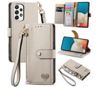 SATURCASE Coque pour Samsung Galaxy A53 5G, Heart PU Cuir Flip Portefeuille Poche Double Boucle Magnétique Fermeture éclair Support Porte-carte Cordon Protecteur Housse Étui pour Samsung Galaxy A53 5G
