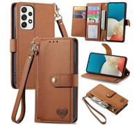 SATURCASE Coque pour Samsung Galaxy A53 5G, Heart PU Cuir Flip Portefeuille Poche Double Boucle Magnétique Fermeture éclair Support Porte-carte Cordon Protecteur Housse Étui pour Samsung Galaxy A53 5G