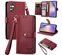 SATURCASE Coque pour Samsung Galaxy A54 5G, Heart PU Cuir Flip Portefeuille Poche Double Boucle Magnétique Fermeture éclair Support Porte-carte Cordon Protecteur Housse Étui pour Samsung Galaxy A54 5G