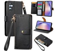 SATURCASE Coque pour Samsung Galaxy A54 5G, Heart PU Cuir Flip Portefeuille Poche Double Boucle Magnétique Fermeture éclair Support Porte-carte Cordon Protecteur Housse Étui pour Samsung Galaxy A54 5G
