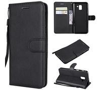 SATURCASE Coque pour Samsung Galaxy J6 2018, Classique PU Cuir Magnétique Flip Portefeuille Support Porte-Carte Protecteur Housse Étui avec Dragonne pour Samsung Galaxy J6 2018 (XD-Noir)