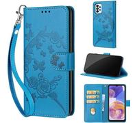 Saturcase Coque Pour Samsung Galaxy M13 4g, Fleurs Pu Cuir Magnétique Flip Portefeuille Support Porte-Carte Dragonne Protecteur Housse Étui Pour Samsung Galaxy M13 4g (Fb-Bleu)