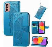 Saturcase Coque Pour Samsung Galaxy M13 4g, Papillon Fleurs Pu Cuir Magnétique Flip Portefeuille Support Porte-Carte Protecteur Housse Étui Avec Dragonne Pour Samsung Galaxy M13 4g (Hf-Bleu)