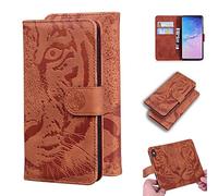 SATURCASE Coque pour Samsung Galaxy S10, Gaufrage Tigre PU Cuir Magnétique Flip Portefeuille Support Porte-Carte Protecteur Housse Étui pour Samsung Galaxy S10 (TI-Marron)