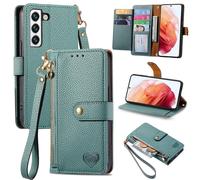 SATURCASE Coque pour Samsung Galaxy S21 FE, Heart PU Cuir Flip Portefeuille Poche Double Boucle Magnétique Fermeture éclair Support Porte-carte Cordon Protecteur Housse Étui pour Samsung Galaxy S21 FE