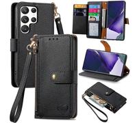 SATURCASE Coque pour Samsung Galaxy S22 Ultra, Heart PU Cuir Flip Portefeuille Poche Double Boucle Magnétique Fermeture éclair Support Porte-carte Cordon Protecteur Housse Étui pour Samsung Galaxy S22