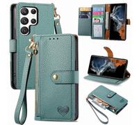 SATURCASE Coque pour Samsung Galaxy S23 Ultra, Heart PU Cuir Flip Portefeuille Poche Double Boucle Magnétique Fermeture éclair Support Porte-carte Cordon Protecteur Housse Étui pour Samsung Galaxy S23