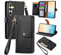 SATURCASE Coque pour Samsung Galaxy S24, Heart PU Cuir Flip Portefeuille Poche Double Boucle Magnétique Fermeture éclair Support Porte-carte Cordon Protecteur Housse Étui pour Samsung Galaxy S24 (AX-N