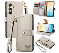 SATURCASE Coque pour Samsung Galaxy S24 Plus, Heart PU Cuir Flip Portefeuille Poche Double Boucle Magnétique Fermeture éclair Support Porte-carte Cordon Protecteur Housse Étui pour Samsung Galaxy S24 