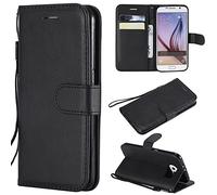 SATURCASE Coque pour Samsung Galaxy S6, Classique PU Cuir Magnétique Flip Portefeuille Support Porte-Carte Protecteur Housse Étui avec Dragonne pour Samsung Galaxy S6 (XD-Noir)