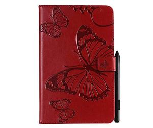 SATURCASE Coque pour Samsung Galaxy Tab A 8.0 (2018), Papillon PU Cuir Magnétique Flip Portefeuille Support Porte-Carte Protecteur Housse Étui pour Samsung Galaxy Tab A 8.0 (2018) SM-T387 (BU-Rouge)