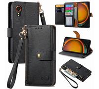 SATURCASE Coque pour Samsung Galaxy Xcover 7, Heart PU Cuir Flip Portefeuille Poche Double Boucle Magnétique Fermeture éclair Support Porte-carte Cordon Protecteur Housse Étui pour Samsung Galaxy Xcov