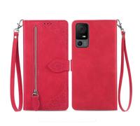 SATURCASE Coque pour TCL 40 XL, Fleur Gaufrage PU Cuir Magnétique Flip Portefeuille Poche Fermeture éclair Support Porte-carte Cordon Protecteur Housse Étui pour TCL 40 XL (SZ-Rouge)