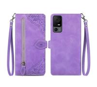SATURCASE Coque pour TCL 40 XL, Fleur Gaufrage PU Cuir Magnétique Flip Portefeuille Poche Fermeture éclair Support Porte-carte Cordon Protecteur Housse Étui pour TCL 40 XL (SZ-Violet)
