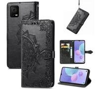 SATURCASE Coque pour TCL 405, Mandala Gaufrage PU Cuir Magnétique Flip Portefeuille Support Porte-carte Protecteur Housse Étui avec Dragonne pour TCL 405 (MA-Noir)