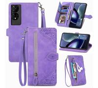 SATURCASE Coque pour TCL 50 5G, Fleur Gaufrage PU Cuir Magnétique Flip Portefeuille Poche Fermeture éclair Support Porte-carte Cordon Protecteur Housse Étui pour TCL 50 5G (SZ-Violet)