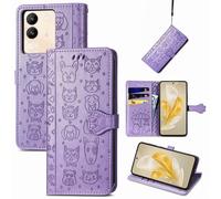 Saturcase Coque Pour Vivo V29e, Chien Et Chat Mignon Pu Cuir Magnétique Flip Portefeuille Support Porte-Carte Protecteur Housse Étui Avec Dragonne Pour Vivo V29e (Violet)