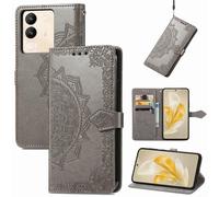 SATURCASE Coque pour Vivo V29e / Y200, Mandala Gaufrage PU Cuir Magnétique Flip Portefeuille Support Porte-carte Protecteur Housse Étui avec Dragonne pour Vivo V29e / Y200 (MA-Gris)