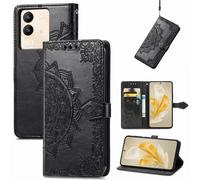 SATURCASE Coque pour Vivo V29e / Y200, Mandala Gaufrage PU Cuir Magnétique Flip Portefeuille Support Porte-carte Protecteur Housse Étui avec Dragonne pour Vivo V29e / Y200 (MA-Noir)