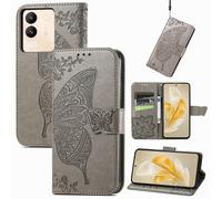Saturcase Coque Pour Vivo V29e / Y200, Papillon Fleurs Pu Cuir Magnétique Flip Portefeuille Support Porte-Carte Protecteur Housse Étui Avec Dragonne Pour Vivo V29e / Y200 (Hf-Gris)