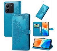 SATURCASE Coque pour Vivo X80 Lite, Mandala Gaufrage PU Cuir Magnétique Flip Portefeuille Support Porte-carte Protecteur Housse Étui avec Dragonne pour Vivo X80 Lite (MA-Bleu)