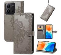 SATURCASE Coque pour Vivo X80 Lite, Mandala Gaufrage PU Cuir Magnétique Flip Portefeuille Support Porte-carte Protecteur Housse Étui avec Dragonne pour Vivo X80 Lite (MA-Gris)