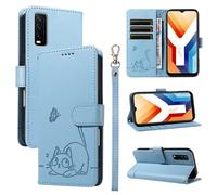 SATURCASE Coque pour Vivo Y11S Y12A Y12S Y20 Y20A Y20S Y20i Y20G, Chat Mignon PU Cuir Magnétique Flip Portefeuille Support Porte-Carte Dragonne Protecteur Housse Étui (ZC-Bleu)