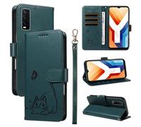 SATURCASE Coque pour Vivo Y11S Y12A Y12S Y20 Y20A Y20S Y20i Y20G, Chat Mignon PU Cuir Magnétique Flip Portefeuille Support Porte-Carte Dragonne Protecteur Housse Étui (ZC-Vert foncé)