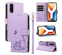 SATURCASE Coque pour Vivo Y11S Y12A Y12S Y20 Y20A Y20S Y20i Y20G, Chat Mignon PU Cuir Magnétique Flip Portefeuille Support Porte-Carte Dragonne Protecteur Housse Étui (ZC-Violet)