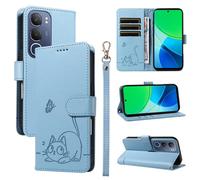 SATURCASE Coque pour Vivo Y19S 4G, Chat Mignon PU Cuir Magnétique Flip Portefeuille Support Porte-Carte Dragonne Protecteur Housse Étui pour Vivo Y19S 4G (ZC-Bleu)